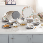 طقم شاي وجاتوه بورسلين ميكس جراي وأبيض – 24 قطعة