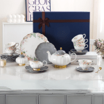 ⁦طقم شاي وجاتوه بورسلين ميكس جراي وأبيض – 24 قطعة⁩ - الصورة ⁦2⁩