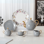 طقم شاي وجاتوه بورسلين ميكس جراي وذهبي – 24 قطعة