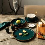 هوم سيكريت طقم عشاء بورسلين تركي لون زيتي كنار ذهبي - 28 قطعة