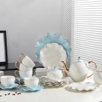 طقم شاي وجاتوه بورسلين مموج تايلاندي لبني كنار ذهبي 24 قطعة