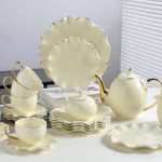 طقم شاي وجاتوه بورسلين مموج تايلاندي كريمي كنار ذهبي 24 قطعة