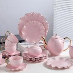 طقم شاي وجاتوه بورسلين مموج تايلاندي بينك كنار ذهبي 24 قطعة